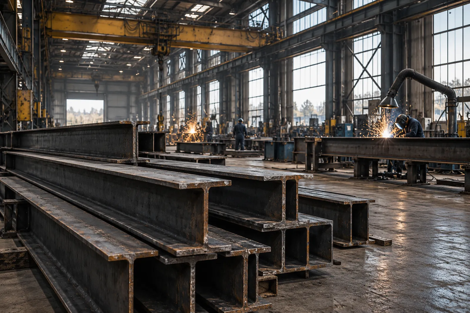 Steel beams on a workshop floor beneath industrial roof trusses